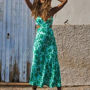 NEW ZARA SATIN EFFECT CUT OUT DRESS GREEN WOMENS SIZE‎ M V NECK MIDI STRAP